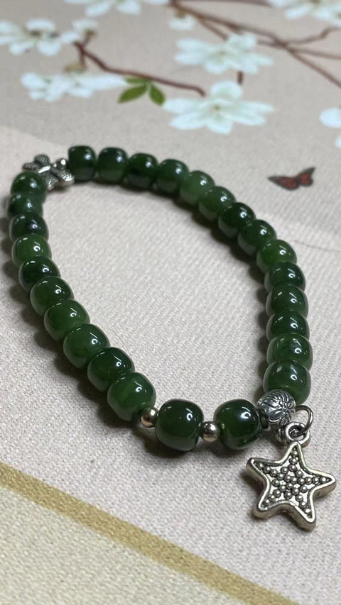 Gelang Jasper Alami dengan aksesoris cantik untuk keberuntungan Batu giok bersih, halus dan hangat; Ukuran 7 * 6mm Sudah termasuk pajak pengiriman.