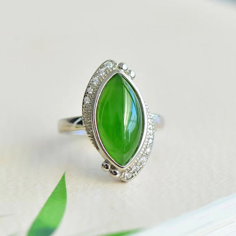 11417 Cincin Zirkonia Mata Kuda Jasper Alami 925 Pengaturan Perak Ukuran 8 * 16mm Batu giok bersih, halus dan hangat... Gayanya indah dan apik.