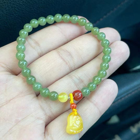 Gelang Giok Hetian Alami dengan Nan Hong + Lilin Lebah Ukuran 6mm Giok bersih, halus dan hangat Sudah termasuk pajak pengiriman.