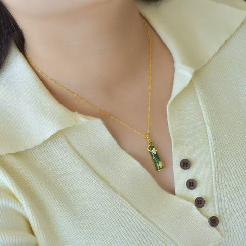 10863-2 Kalung Zirkonia Bambu Jasper Alami 925 Pengaturan Perak Ukuran 8 * 23mm Giok adalah gaya yang halus dan hangat, indah.