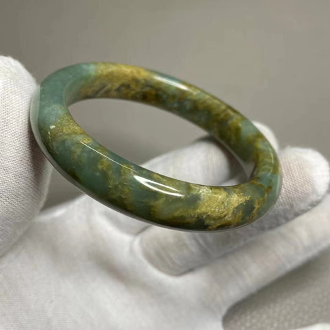 Gelang Giok Bunga Giok Cui Giok Rumput Emas Biru Ukuran 54-56mm Ukuran 55.6mm Lebar Sisi 12.1mm Giok terjadi secara alami Pola acak Termasuk ongkos kirim dan pajak