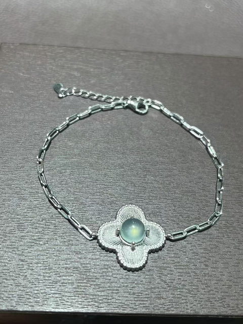 Gelang Semanggi Empat Daun Giok Cui Giok Alami dari perak 925, ukuran 7mm, gaya yang indah, giok yang halus dan hangat, sudah termasuk pajak pengiriman.