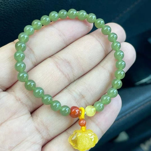 Gelang Giok Hetian Alami dengan Nan Hong + Lilin Lebah Ukuran 6mm Giok bersih, halus dan hangat Sudah termasuk pajak pengiriman.