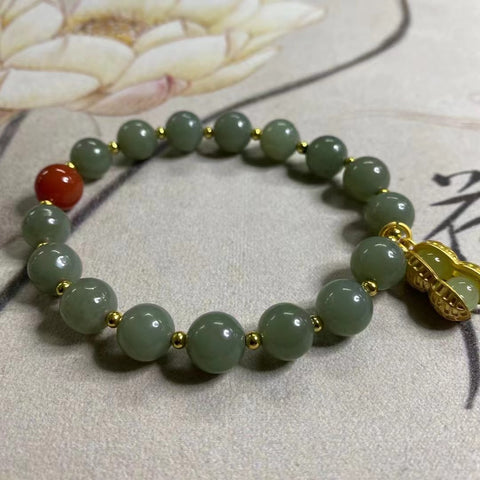 Gelang Giok Halus Gelang Giok Manik-manik Aksesoris Pencocokan Giok Ukuran 9.5mm Giok bersih, halus dan hangat Sudah termasuk pajak pengiriman.