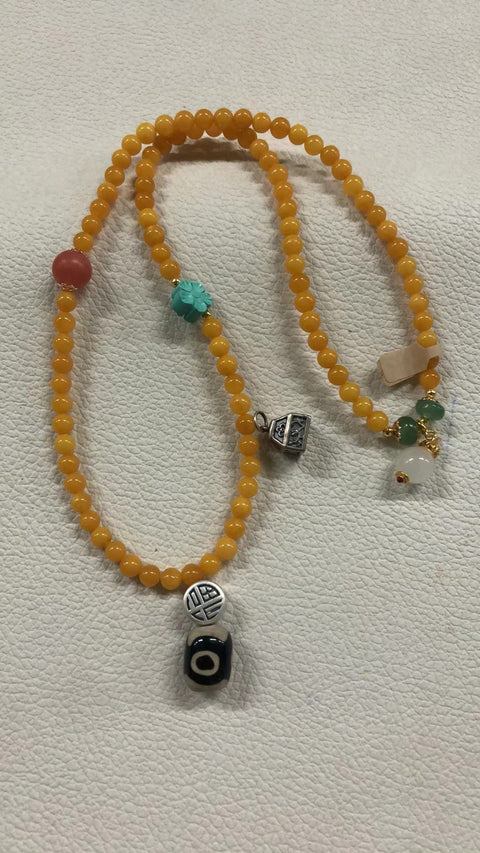 Lilin lebah tua yang kaya akan untaian manik-manik madu dzi, dengan aksesori perak Duo Bao 925, ukuran sekitar: 6 ㎜ &nbsp; Harga khusus yang sangat rendah Termasuk pajak pengiriman